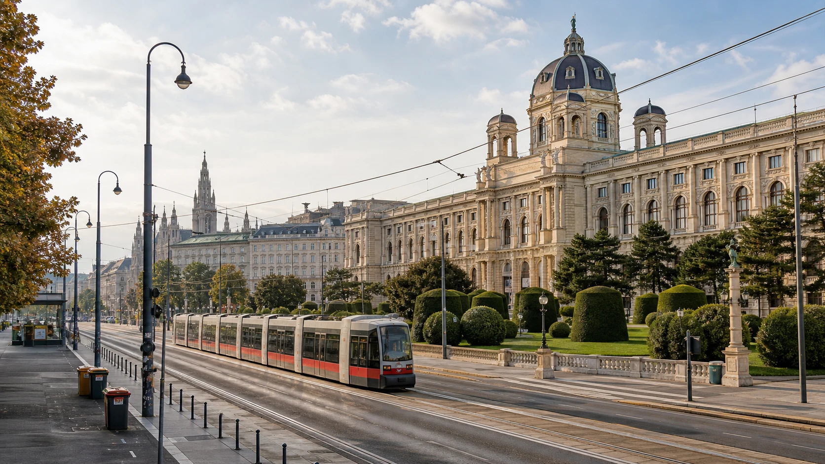 Vienna Ringstrasse scene with a tram passing grand historic museum architecture under soft afternoon light