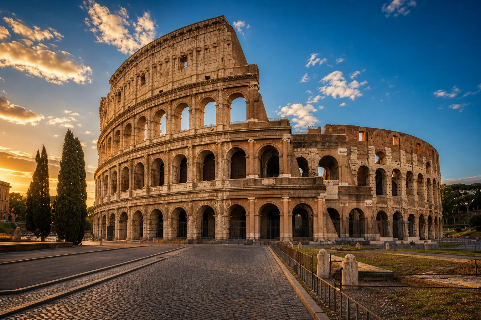 The Colosseum in Rome at golden hour, warm amber light on the ancient stone facade