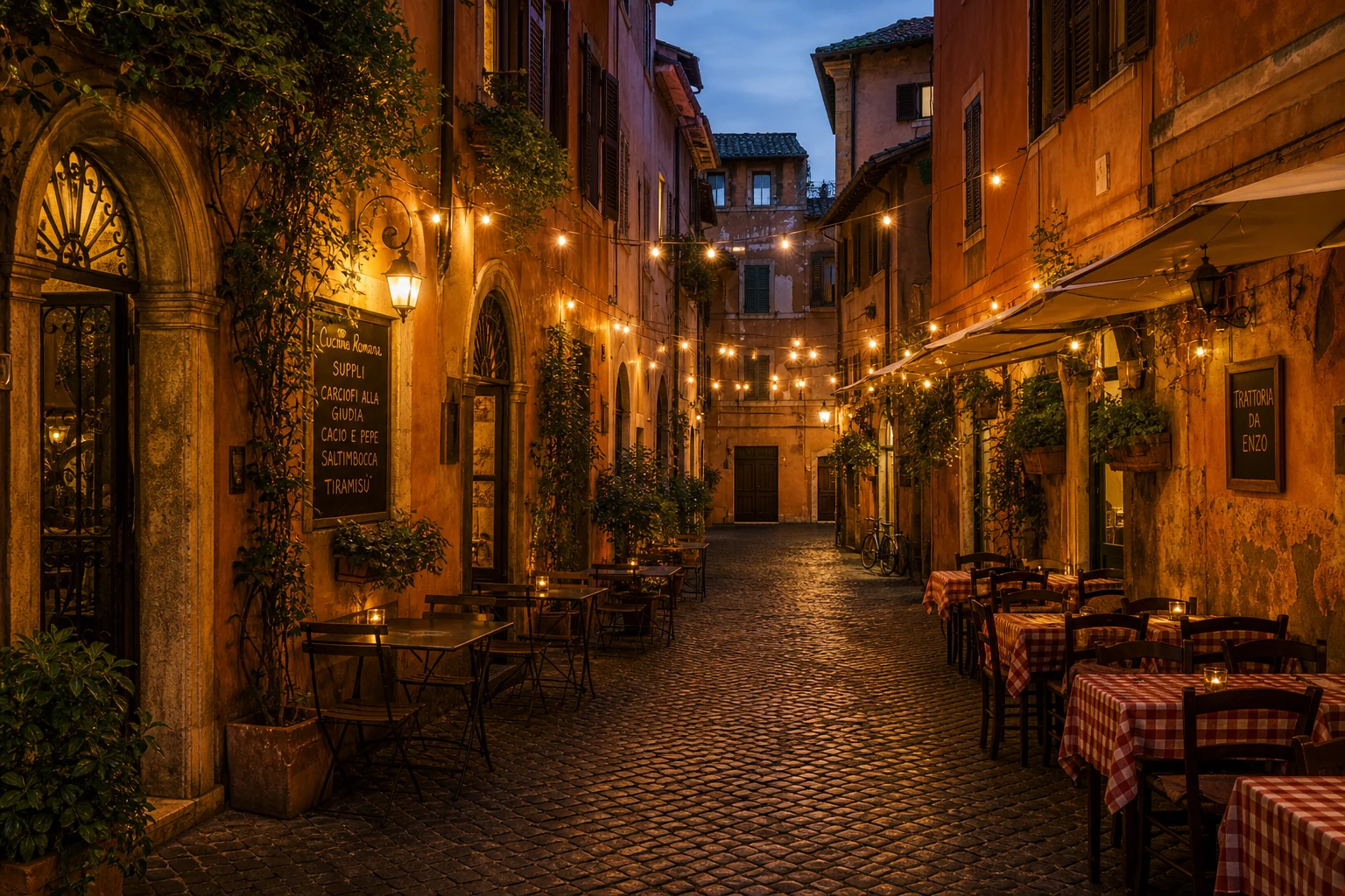 A narrow cobblestone street in Trastevere, Rome, at dusk with warm restaurant lighting