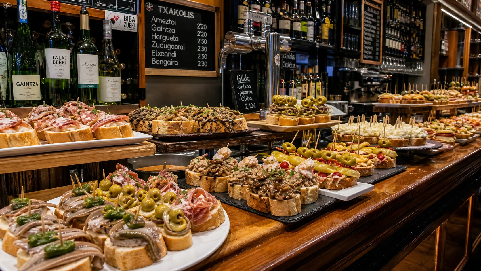San Sebastian pintxos bar counter covered with small Basque appetizers in warm bar light
