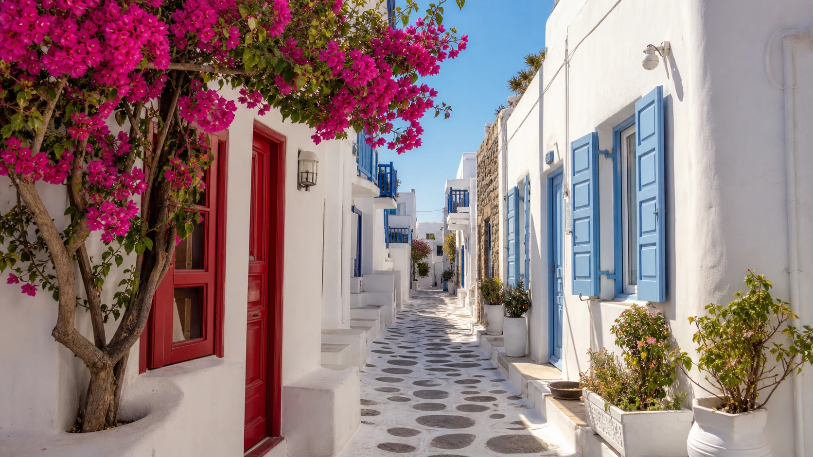 Narrow whitewashed cobblestone lane in Mykonos Town with bougainvillea and colorful shutters