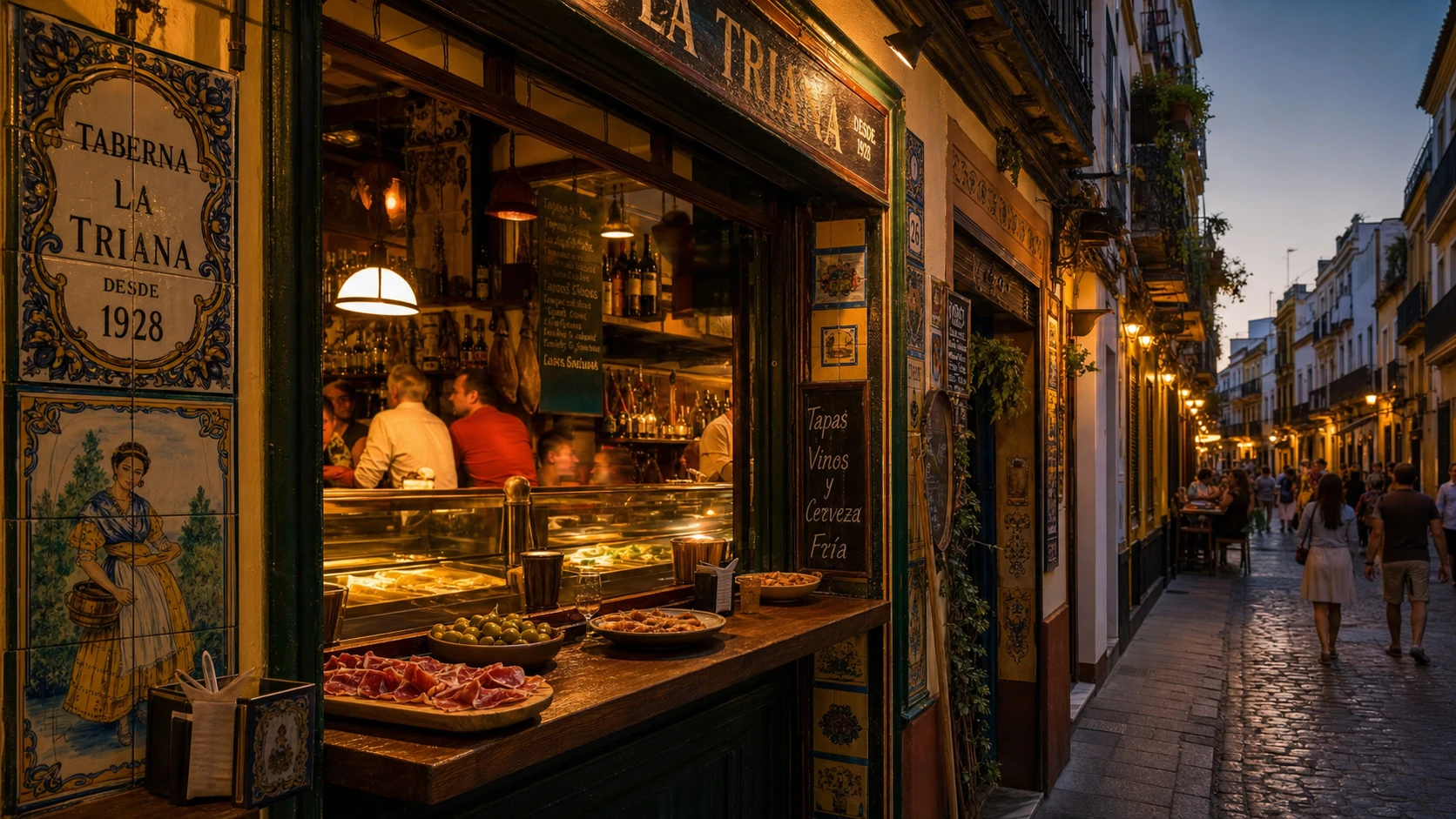Tapas bar in Triana, Seville, at dusk with warm light and a relaxed local evening atmosphere