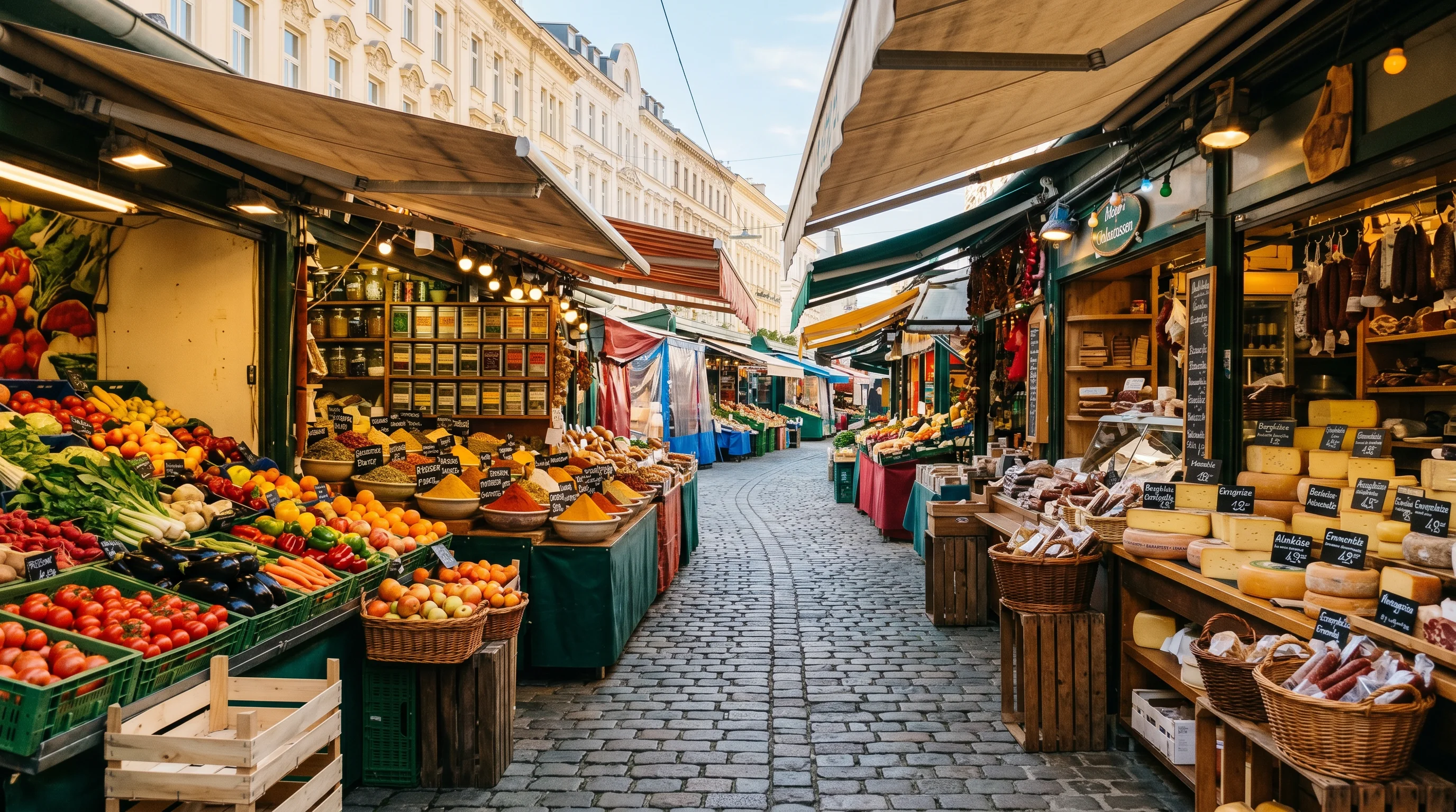 Naschmarkt Vienna open-air market with colorful produce stalls, cheese vendors, and spice displays along a cobblestone path