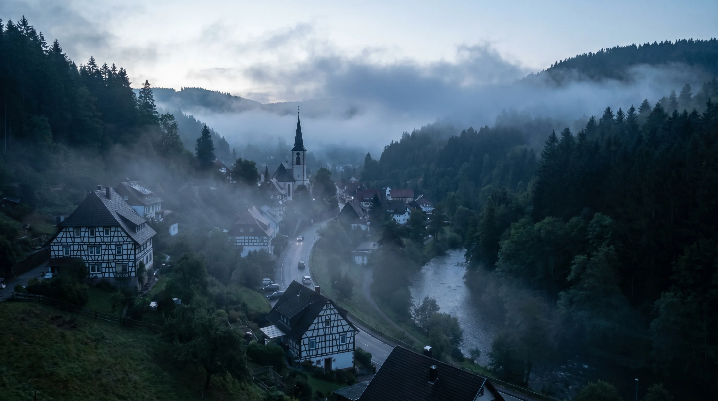 Misty Black Forest village in the Schwarzwald valley at dawn