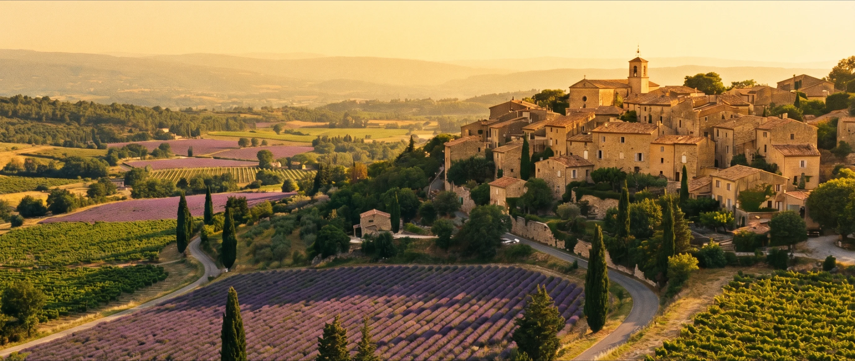 Hilltop village in Provence surrounded by lavender fields at golden hour