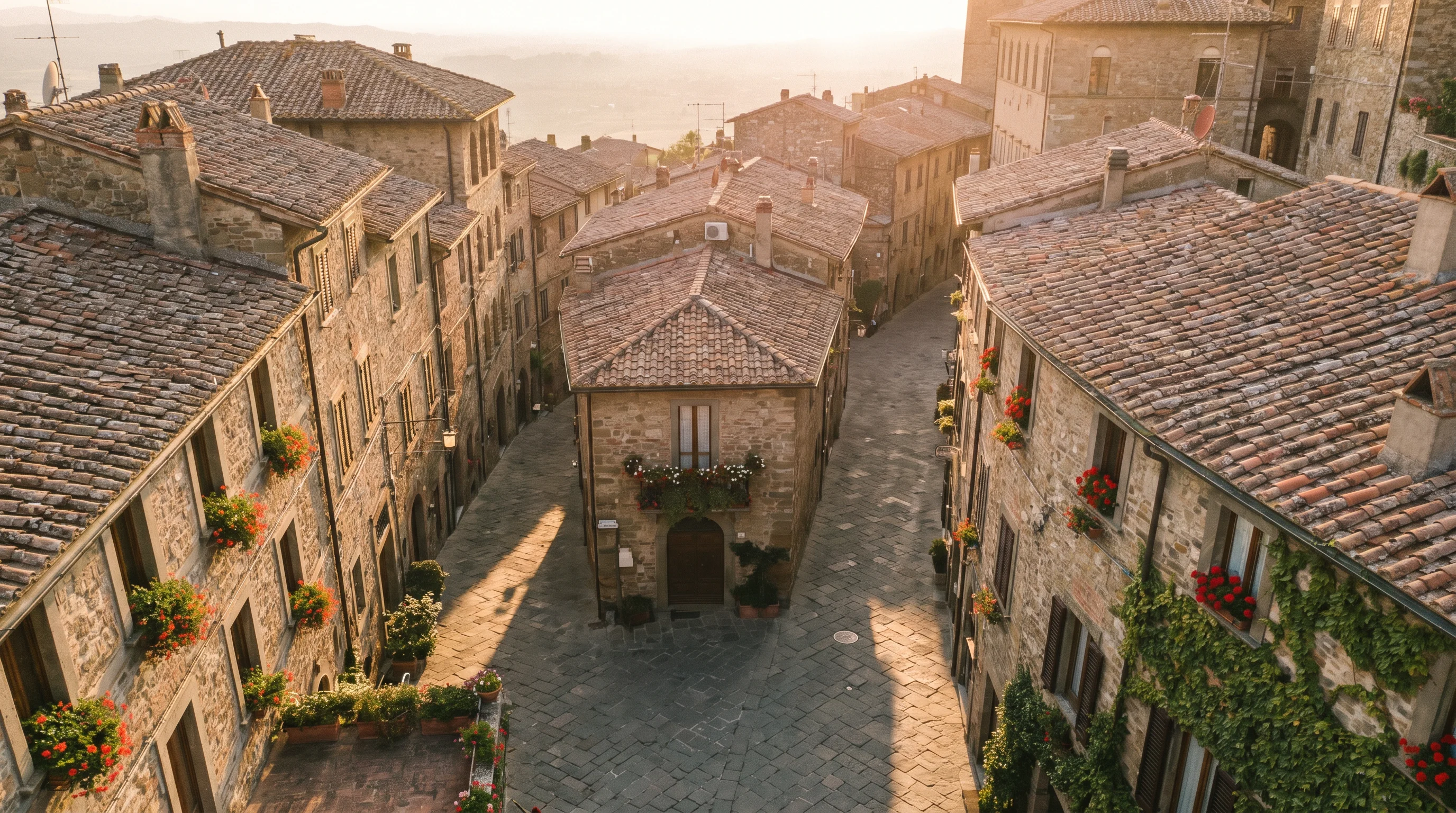 Aerial view of European cobblestone streets and terracotta rooftops at golden hour